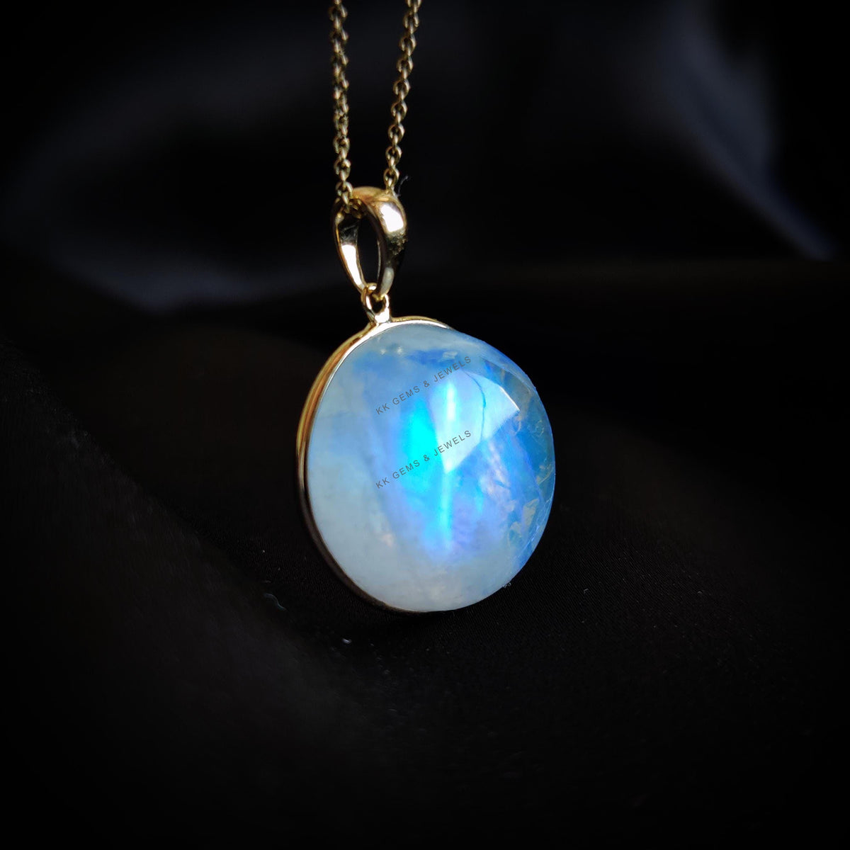 Natural Rainbow Moonstone Pendant, 14K Solid Yellow Gold Bezel, June Birthstone