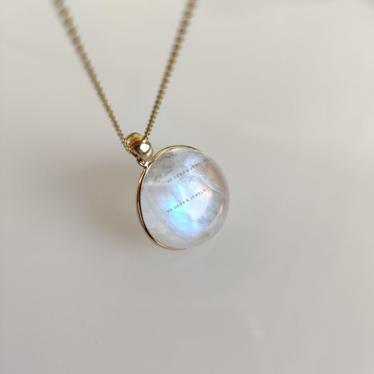Natural Rainbow Moonstone Pendant, 14K Solid Yellow Gold Bezel, June Birthstone