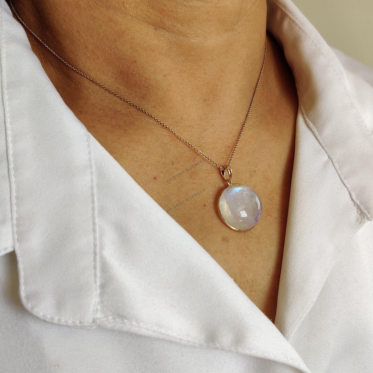 Natural Rainbow Moonstone Pendant, 14K Solid Yellow Gold Bezel, June Birthstone