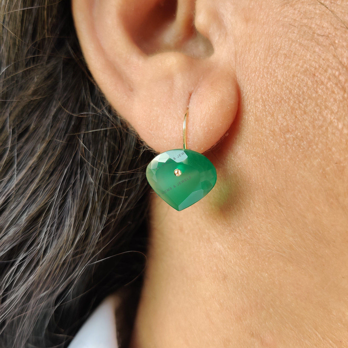 14K Solid Yellow Gold Natural Green Onyx Earrings, May Birthstone Earrings, Christmas Present
