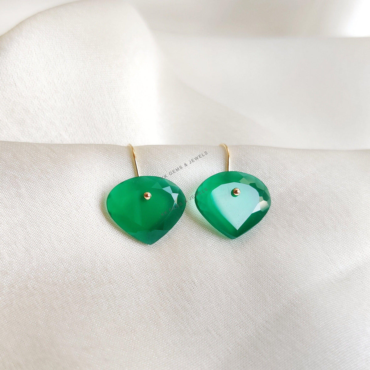 14K Solid Yellow Gold Natural Green Onyx Earrings, May Birthstone Earrings, Christmas Present