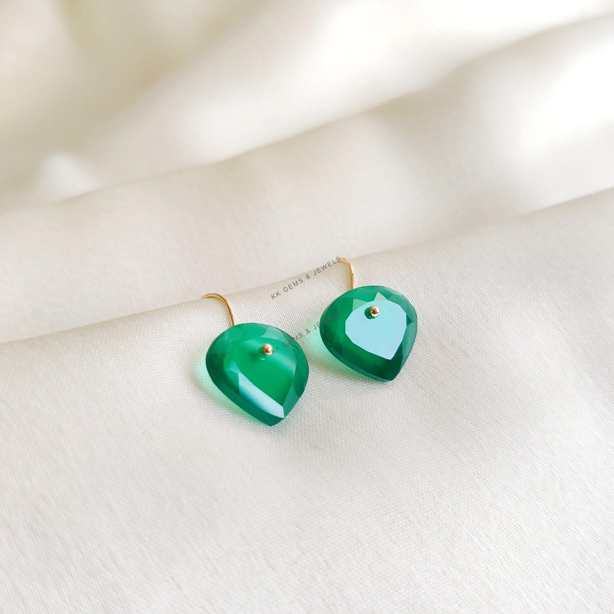 14K Solid Yellow Gold Natural Green Onyx Earrings, May Birthstone Earrings, Christmas Present