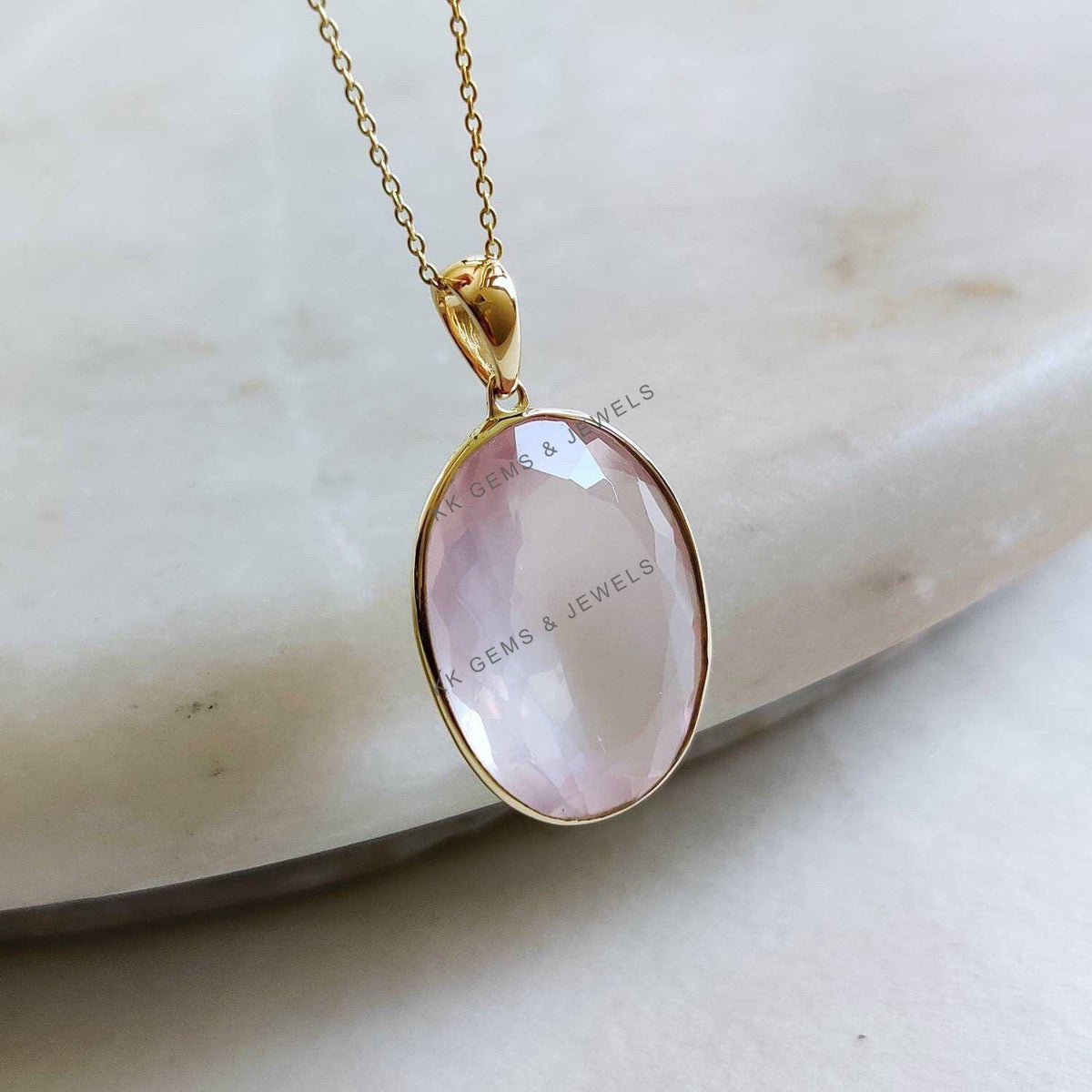 Natural Rose Quartz Pendant, 14K Solid Yellow Gold Bezel, January Birthstone