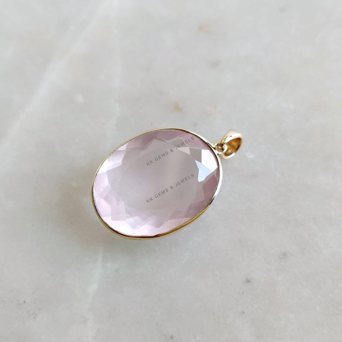 Natural Rose Quartz Pendant, 14K Solid Yellow Gold Bezel, January Birthstone
