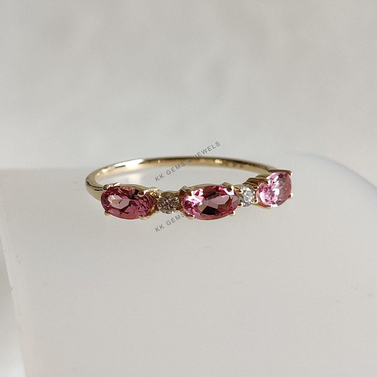 Natural Pink Topaz & Diamond Ring, 14K Solid Yellow Gold Jewelry, December Birthstone