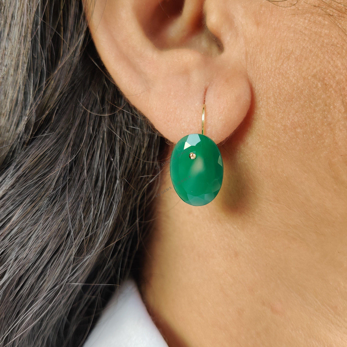 14K Solid Yellow Gold Natural Green Onyx Earrings, May Birthstone Jewelry