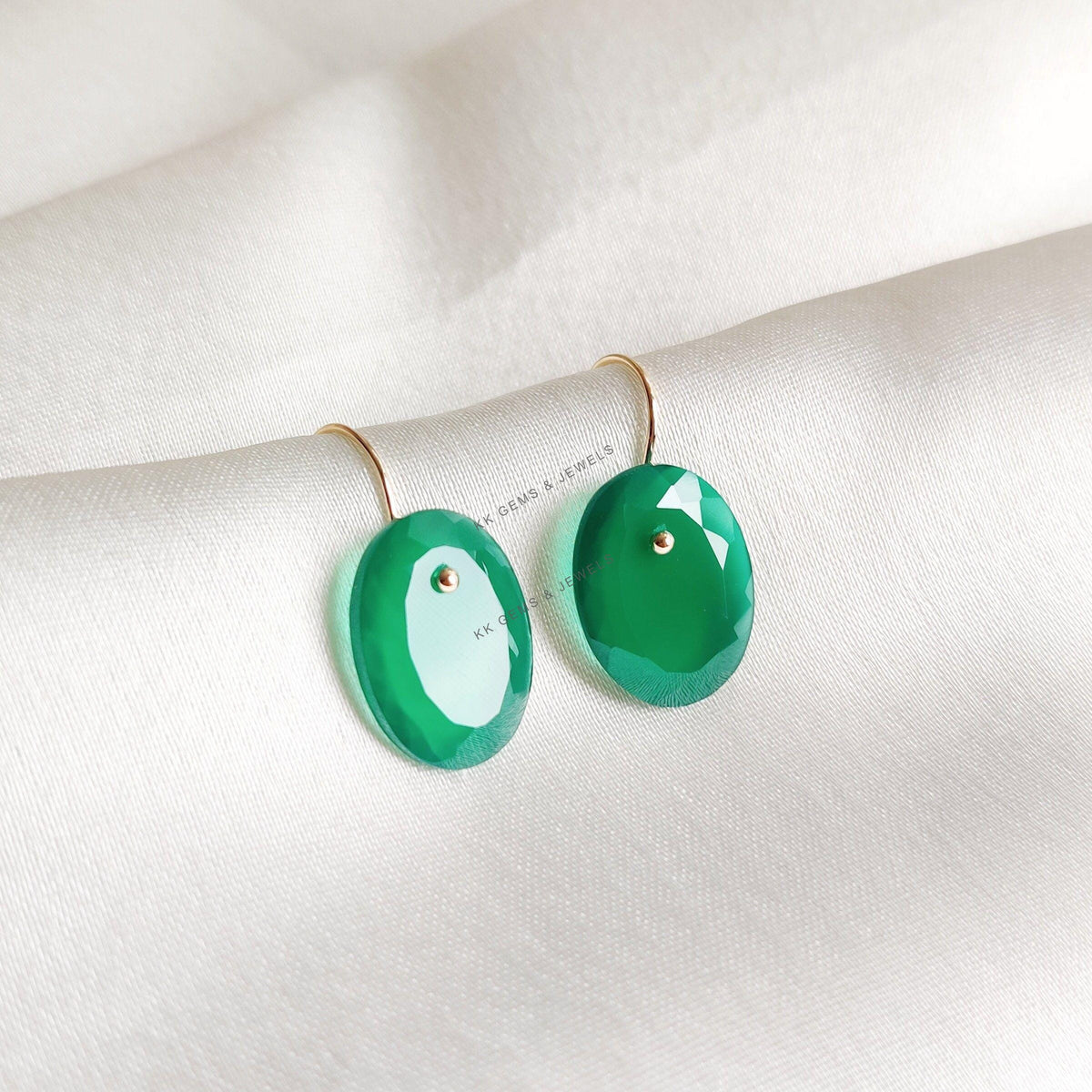 14K Solid Yellow Gold Natural Green Onyx Earrings, May Birthstone Jewelry