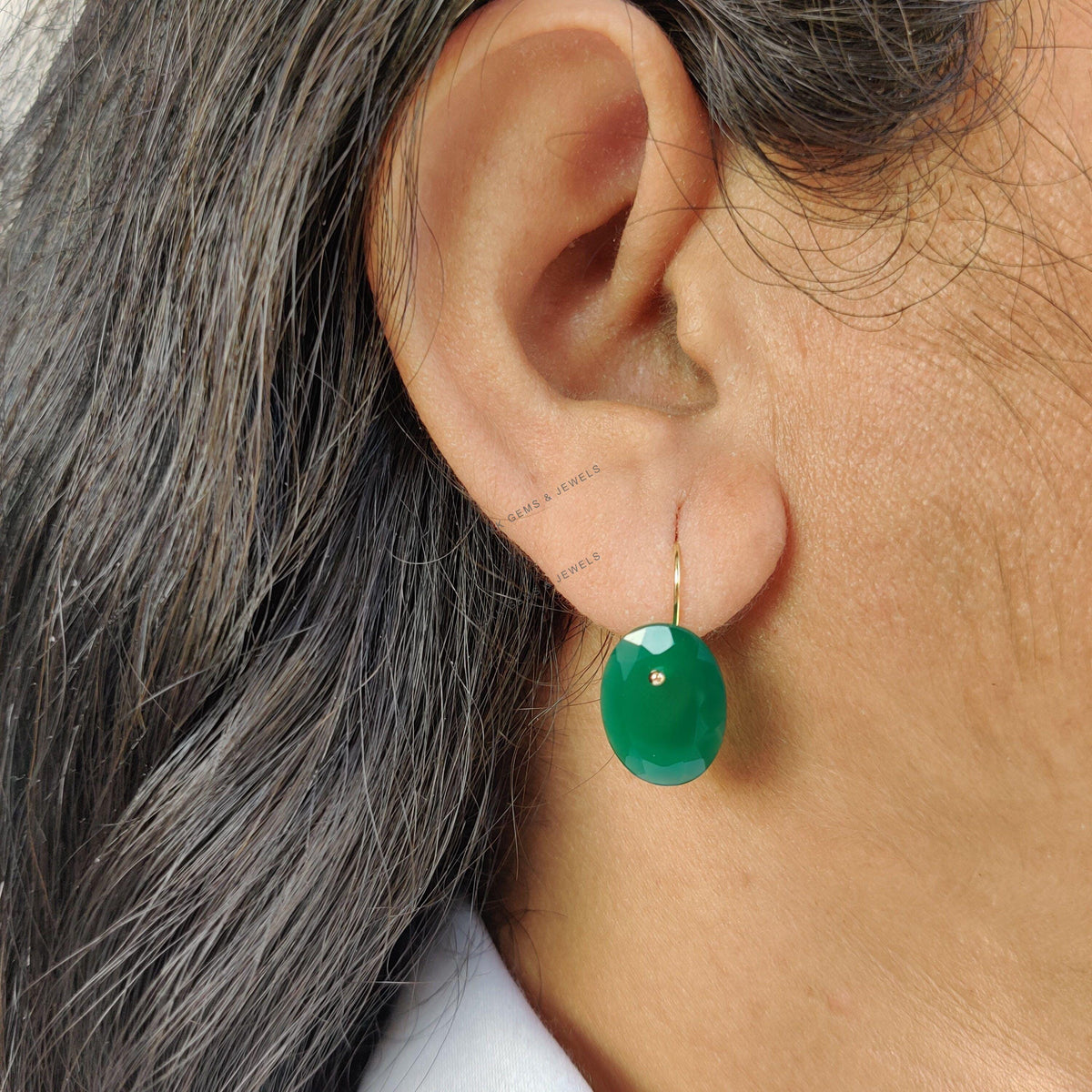14K Solid Yellow Gold Natural Green Onyx Earrings, May Birthstone Jewelry
