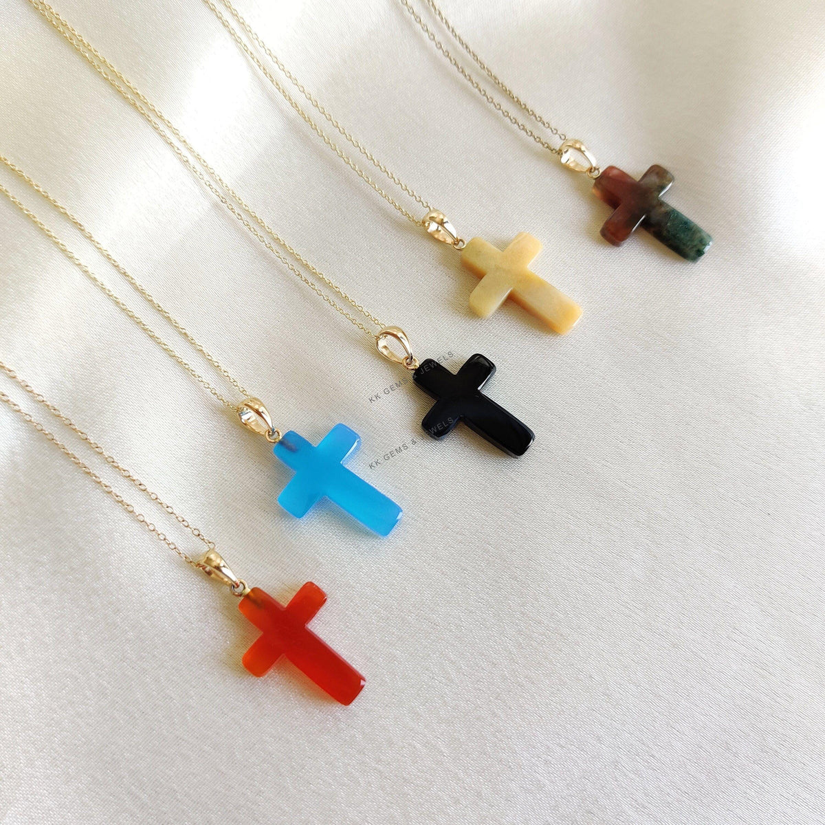14k Solid Gold Natural Agate Chalcedony, Onyx Cross Pendant, Christmas Gift Jewelry