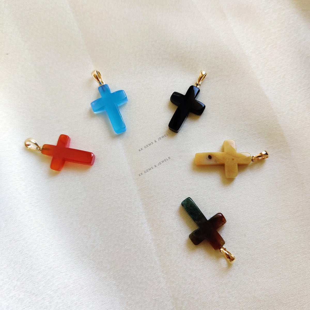 14k Solid Gold Natural Agate Chalcedony, Onyx Cross Pendant, Christmas Gift Jewelry