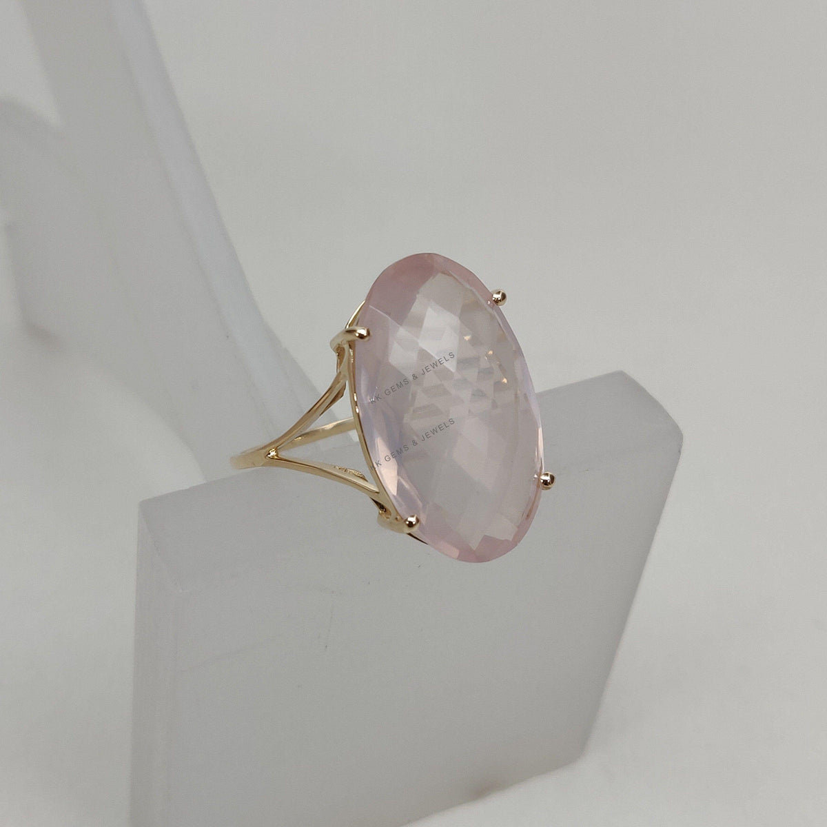 Natural Rose Quartz 14K Solid Gold Ring, Oval Briolette Gemstone
