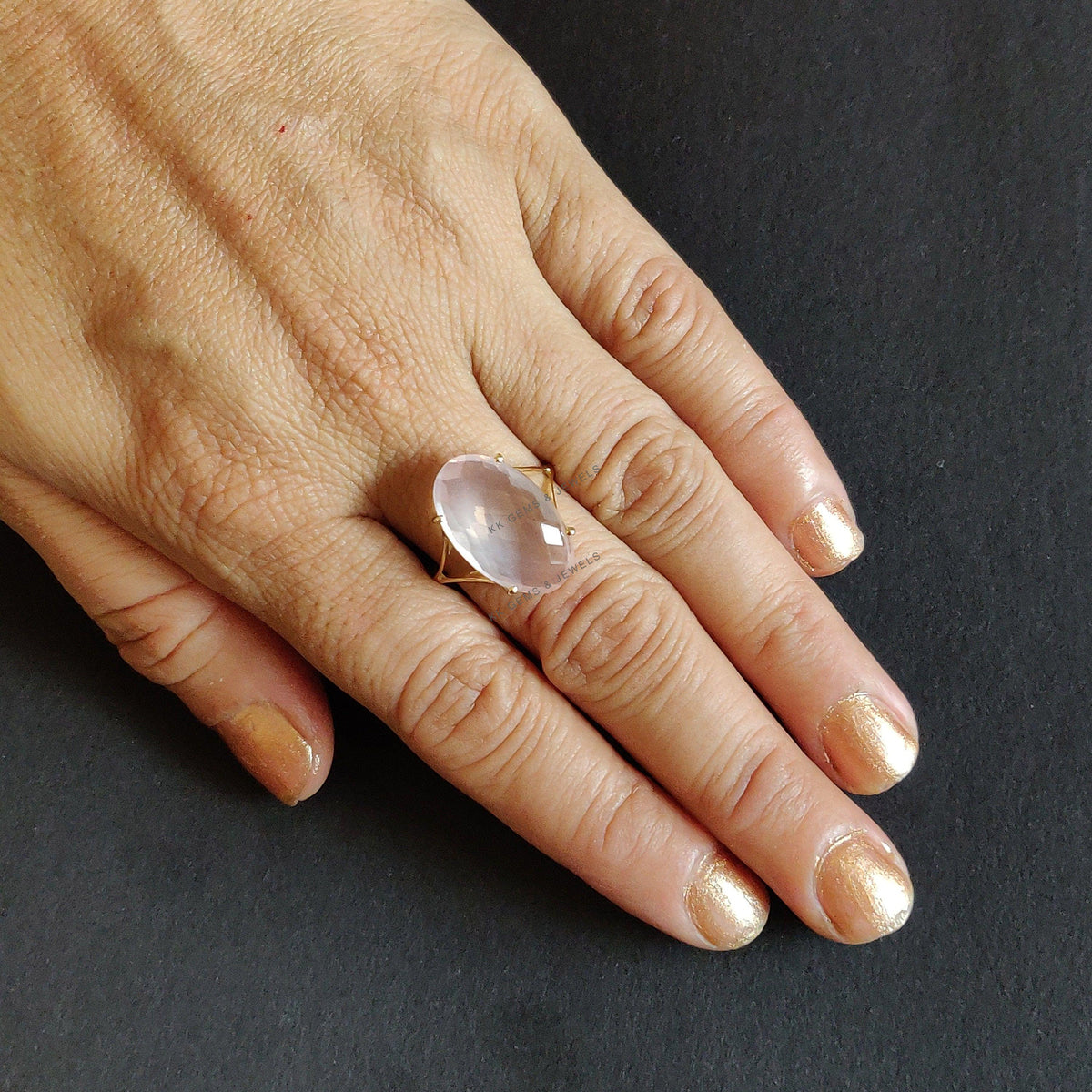 Natural Rose Quartz 14K Solid Gold Ring, Oval Briolette Gemstone