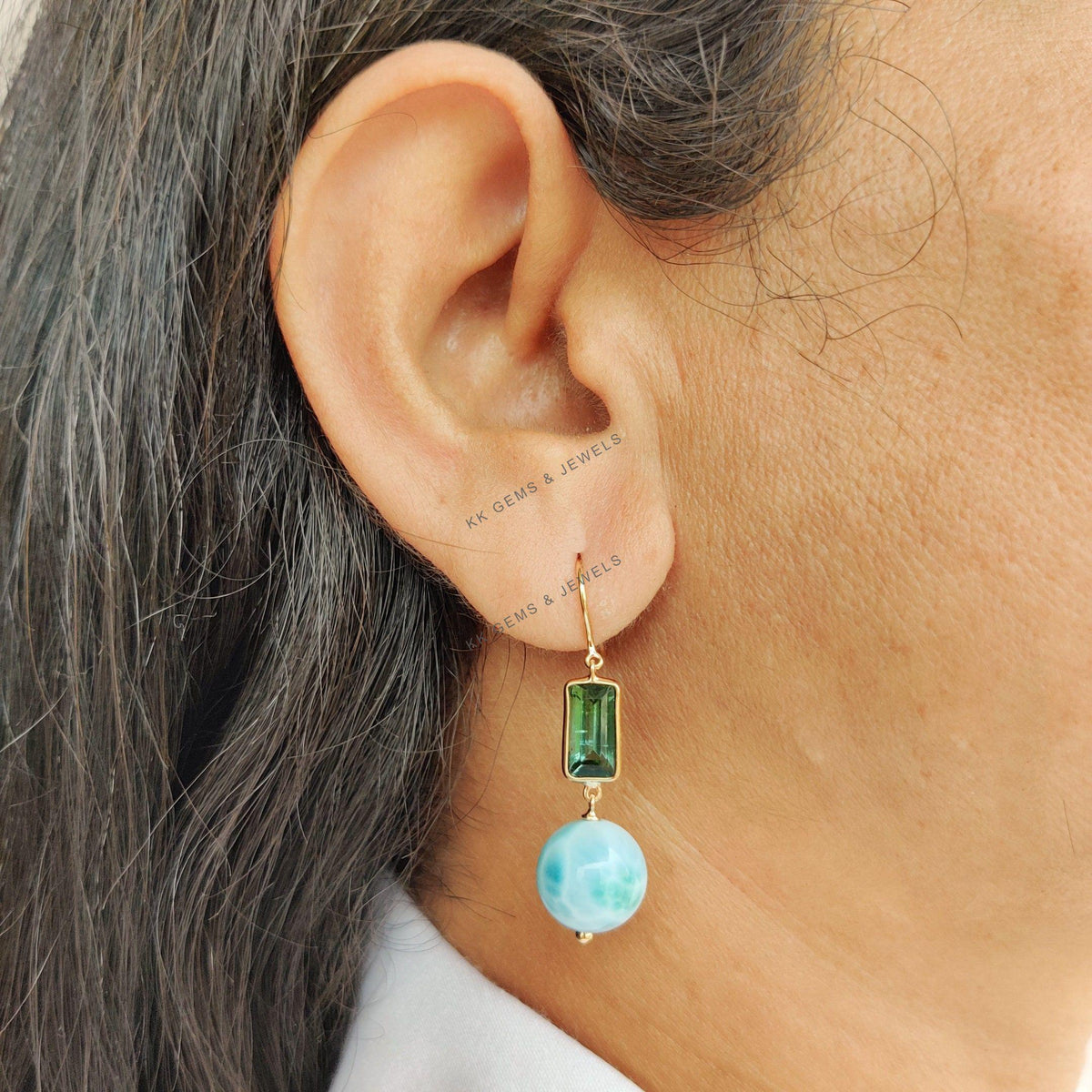 14K Solid Gold Natural Larimar & Green Tourmaline Earrings, Christmas Present