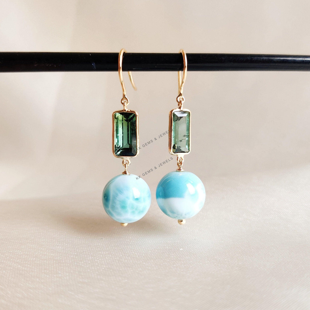 14K Solid Gold Natural Larimar & Green Tourmaline Earrings, Christmas Present