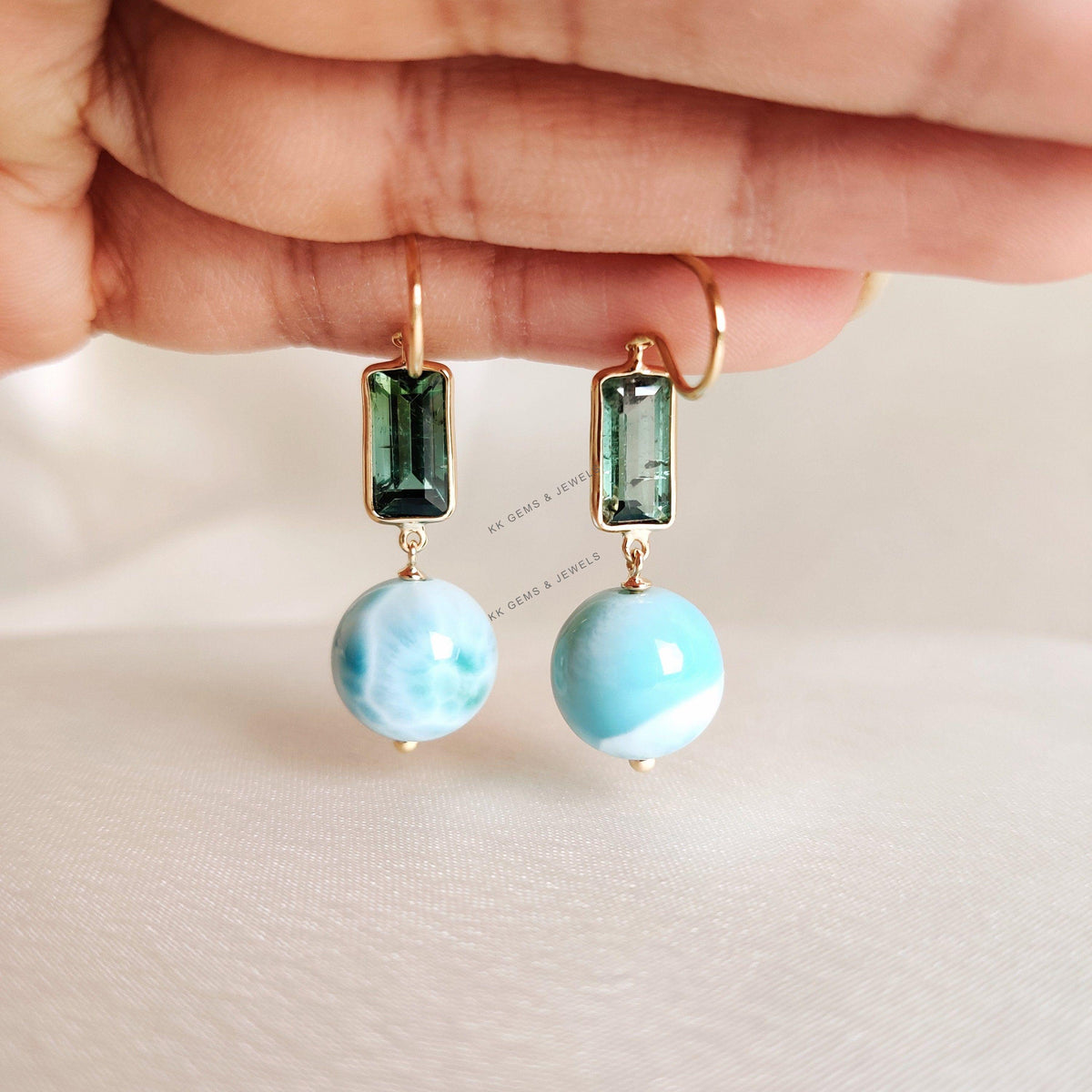14K Solid Gold Natural Larimar & Green Tourmaline Earrings, Christmas Present