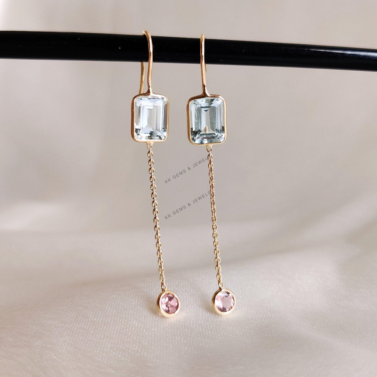 Natural Aquamarine & Pink Tourmaline 14K Solid Gold Chain Earrings, March Birthstone