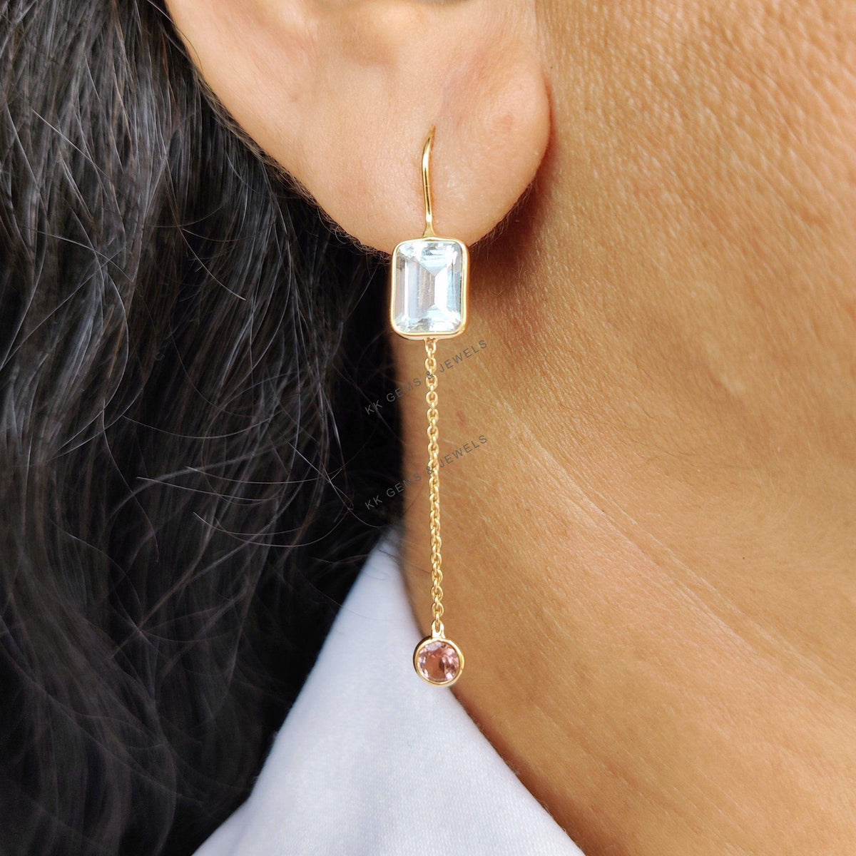 Natural Aquamarine & Pink Tourmaline 14K Solid Gold Chain Earrings, March Birthstone