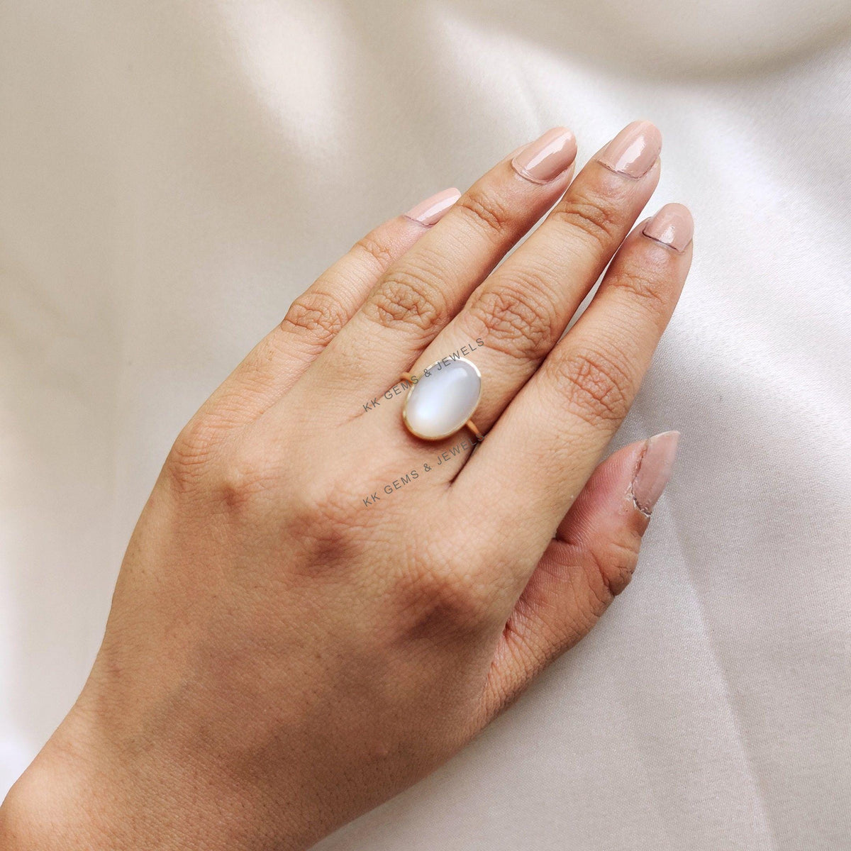 Oval Natural White Moonstone Ring, 14K Solid Yellow Gold, June Birthstone