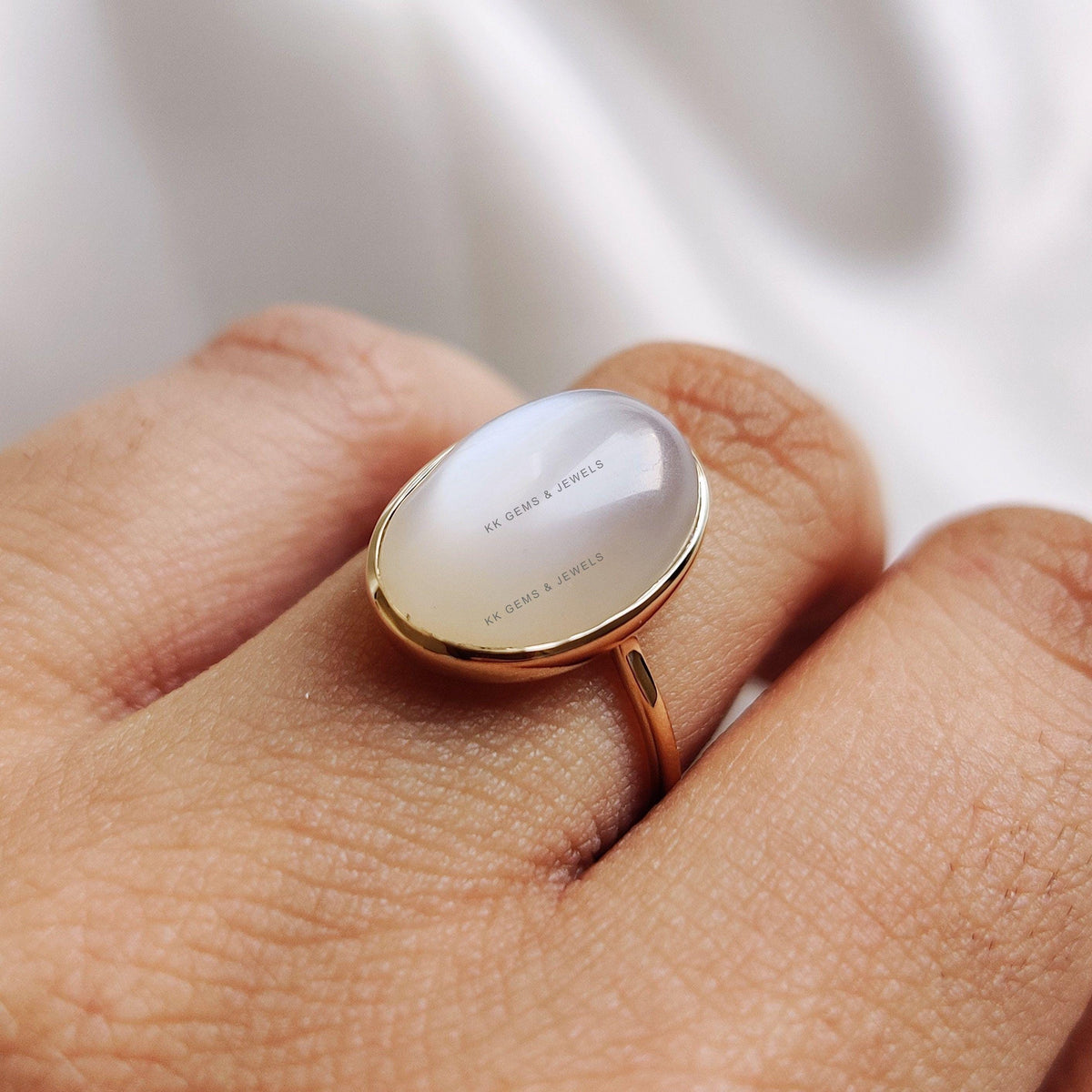 Oval Natural White Moonstone Ring, 14K Solid Yellow Gold, June Birthstone