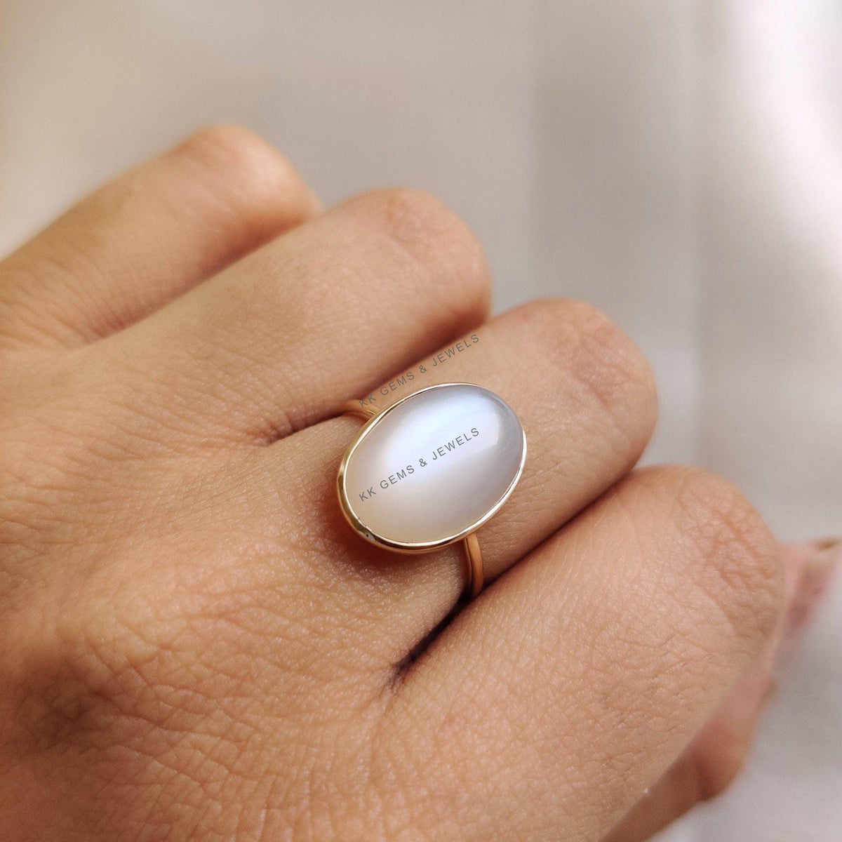 Oval Natural White Moonstone Ring, 14K Solid Yellow Gold, June Birthstone