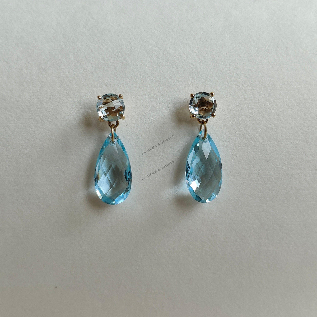 14K Solid Yellow Gold Natural Sky Blue Topaz Drop Earrings, December Birthstone