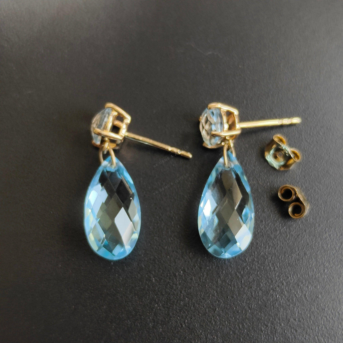 14K Solid Yellow Gold Natural Sky Blue Topaz Drop Earrings, December Birthstone