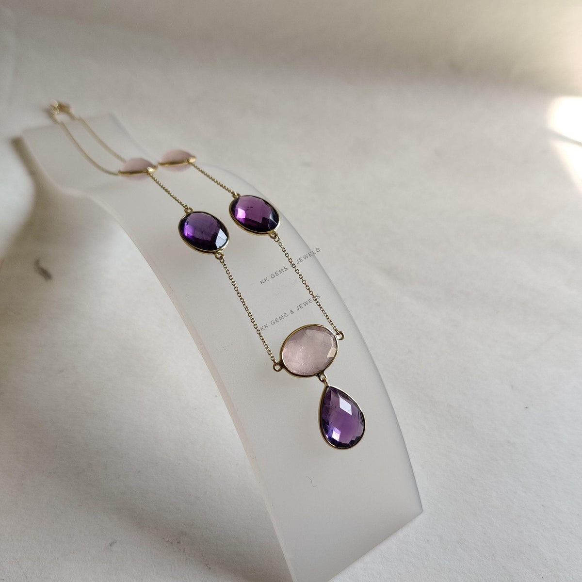 Natural Purple Amethyst & Rose Quartz 14K Solid Yellow Gold Chain Necklace