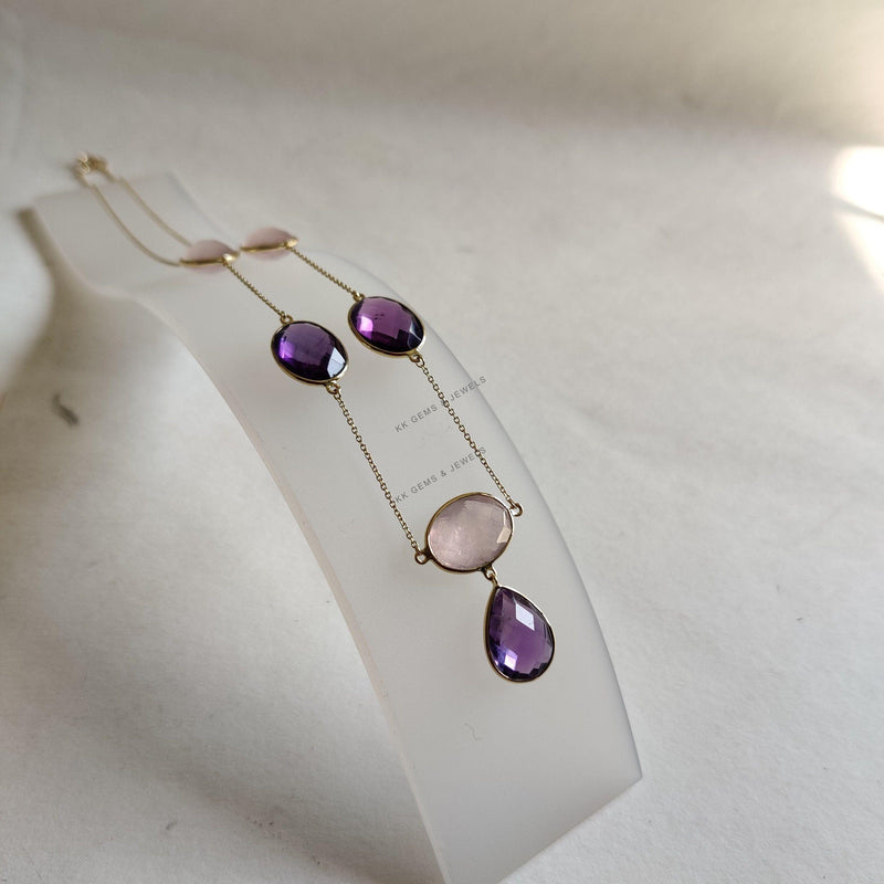 Natural Purple Amethyst & Rose Quartz 14K Solid Yellow Gold Chain Necklace