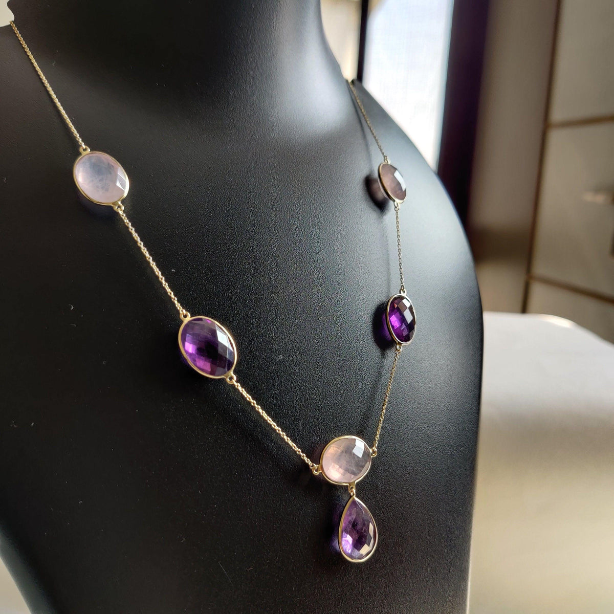 Natural Purple Amethyst & Rose Quartz 14K Solid Yellow Gold Chain Necklace