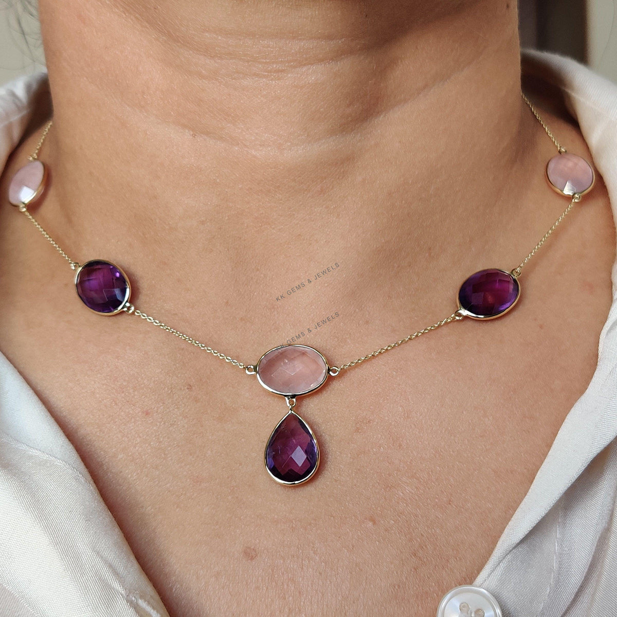 Natural Purple Amethyst & Rose Quartz 14K Solid Yellow Gold Chain Necklace