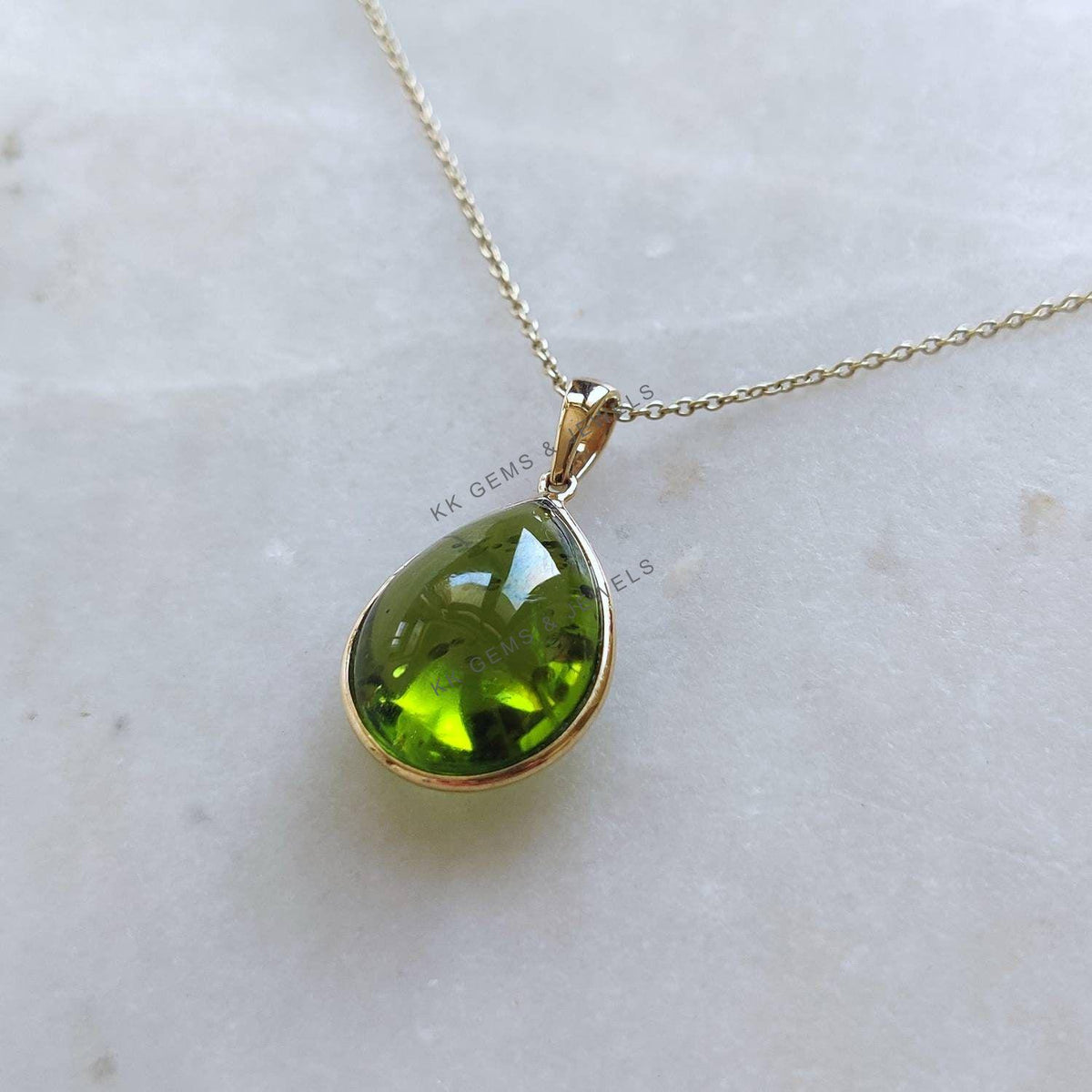 14K Solid Yellow Gold Natural Peridot Pear Pendant, August Birthstone
