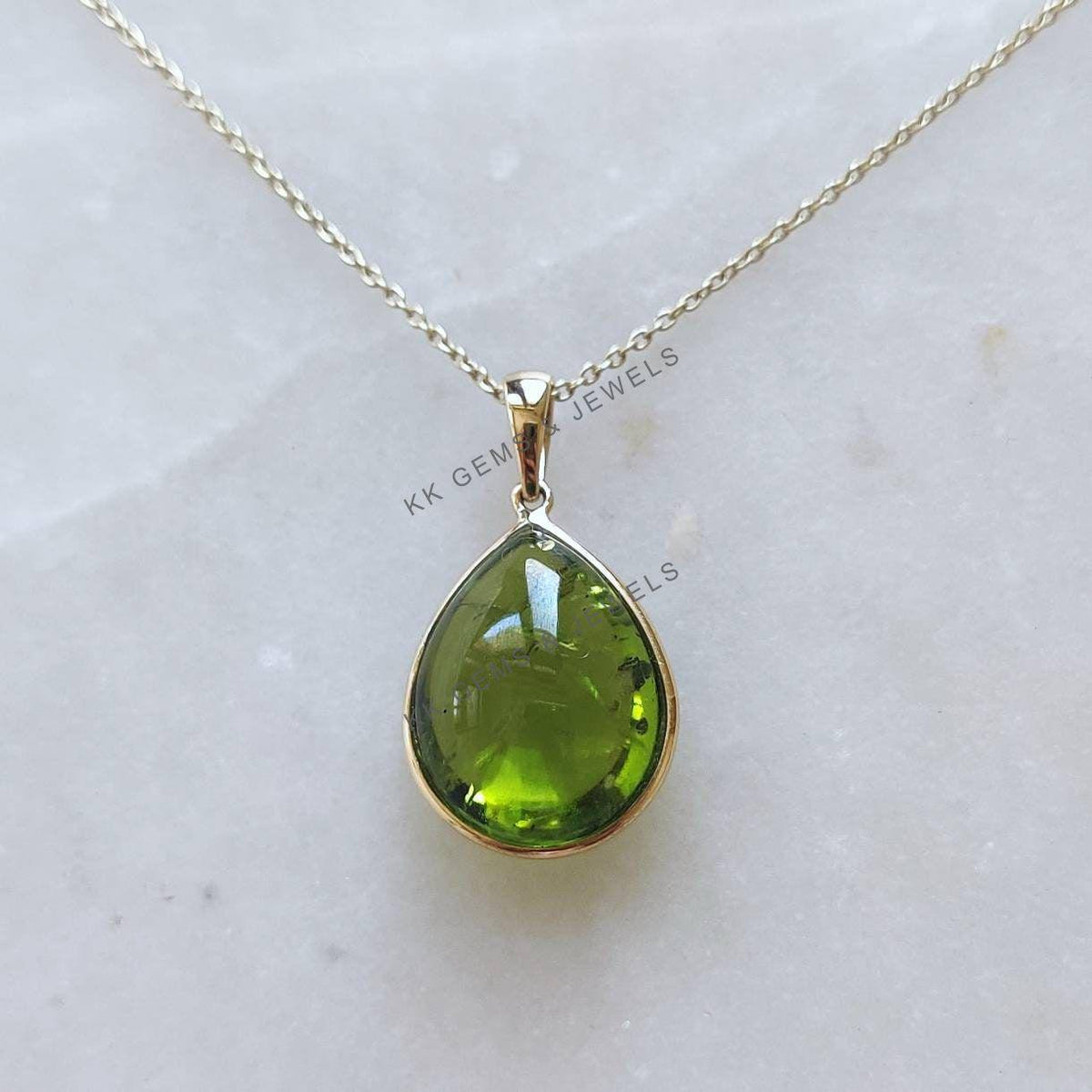 14K Solid Yellow Gold Natural Peridot Pear Pendant, August Birthstone