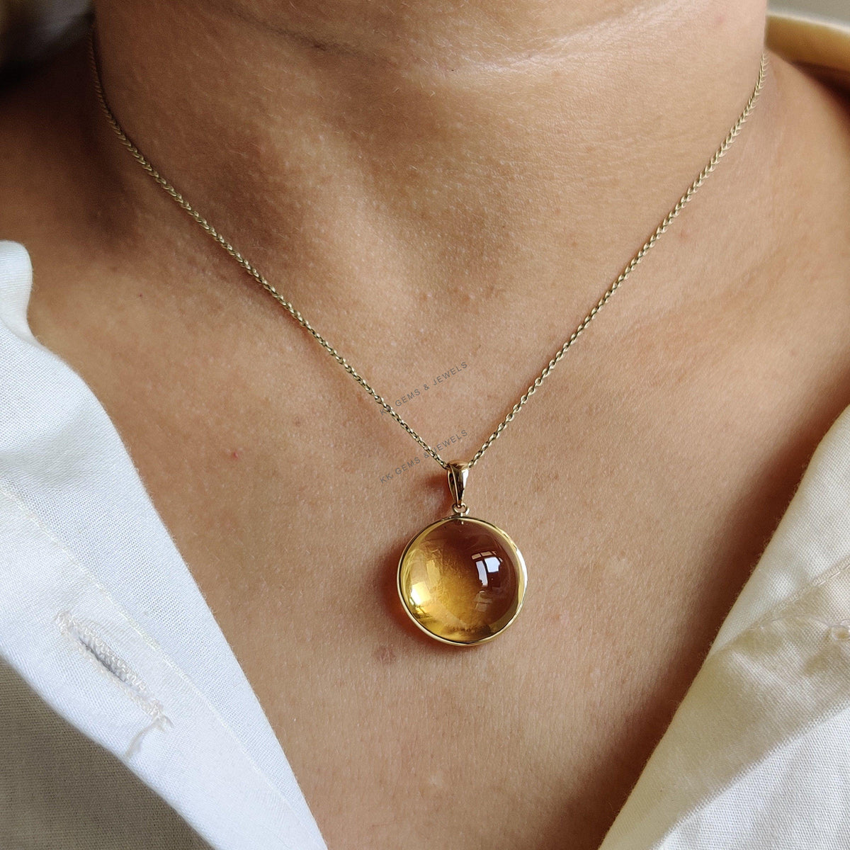 Natural Citrine 14K Solid Yellow Gold Round Pendant, November Birthstone