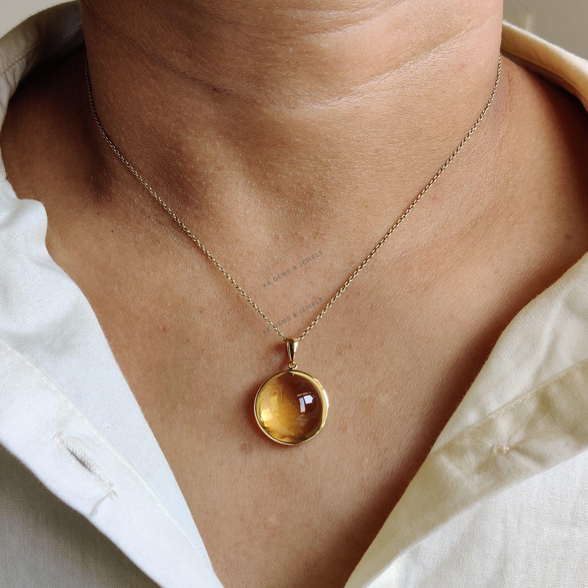 Natural Citrine 14K Solid Yellow Gold Round Pendant, November Birthstone