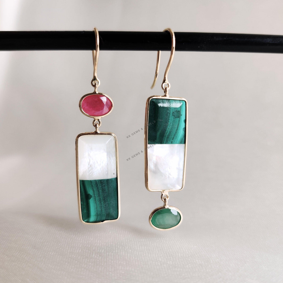 14K Solid Gold Natural Malachite & Mother of Pearl Dangle Earrings, Ruby Emerald Accent