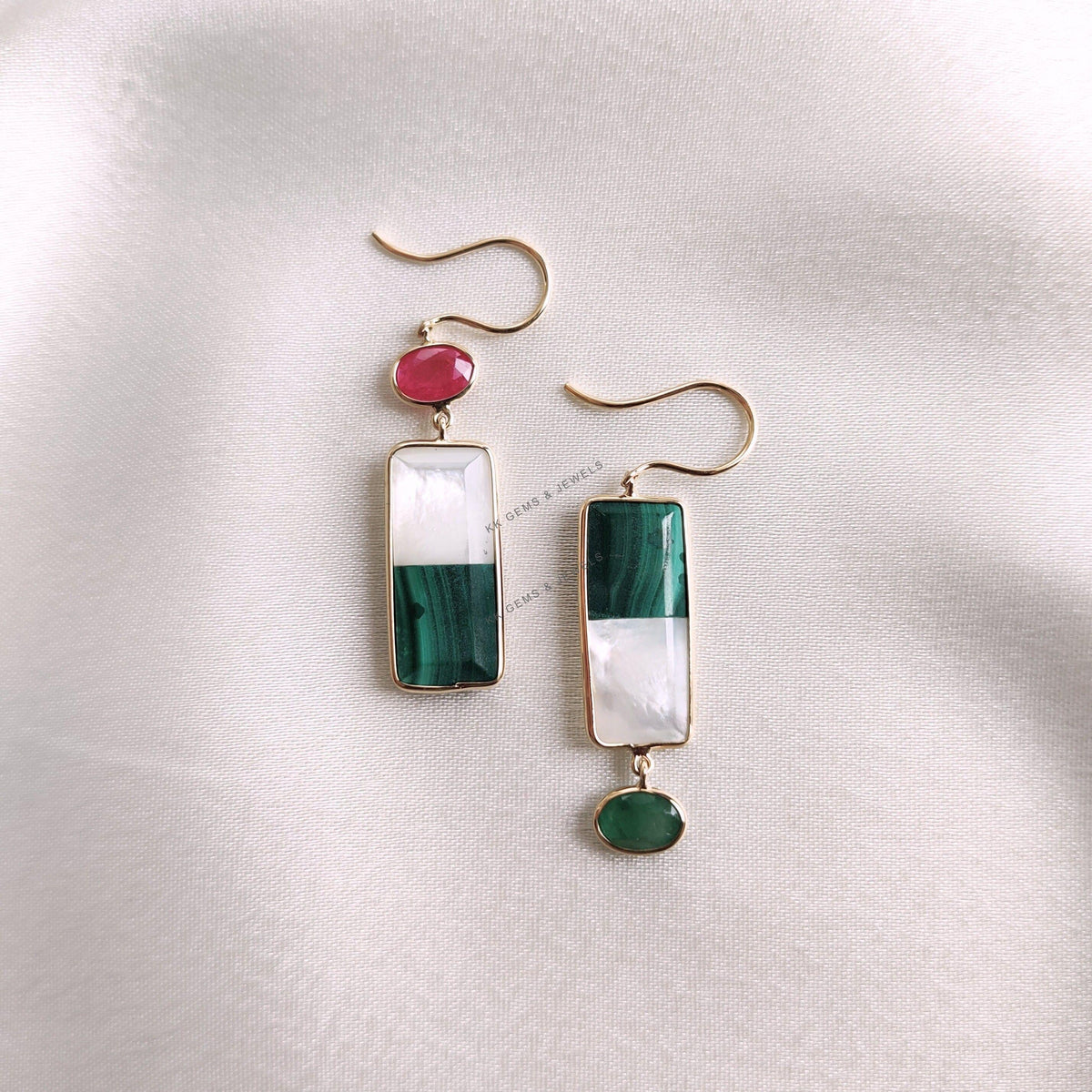 14K Solid Gold Natural Malachite & Mother of Pearl Dangle Earrings, Ruby Emerald Accent
