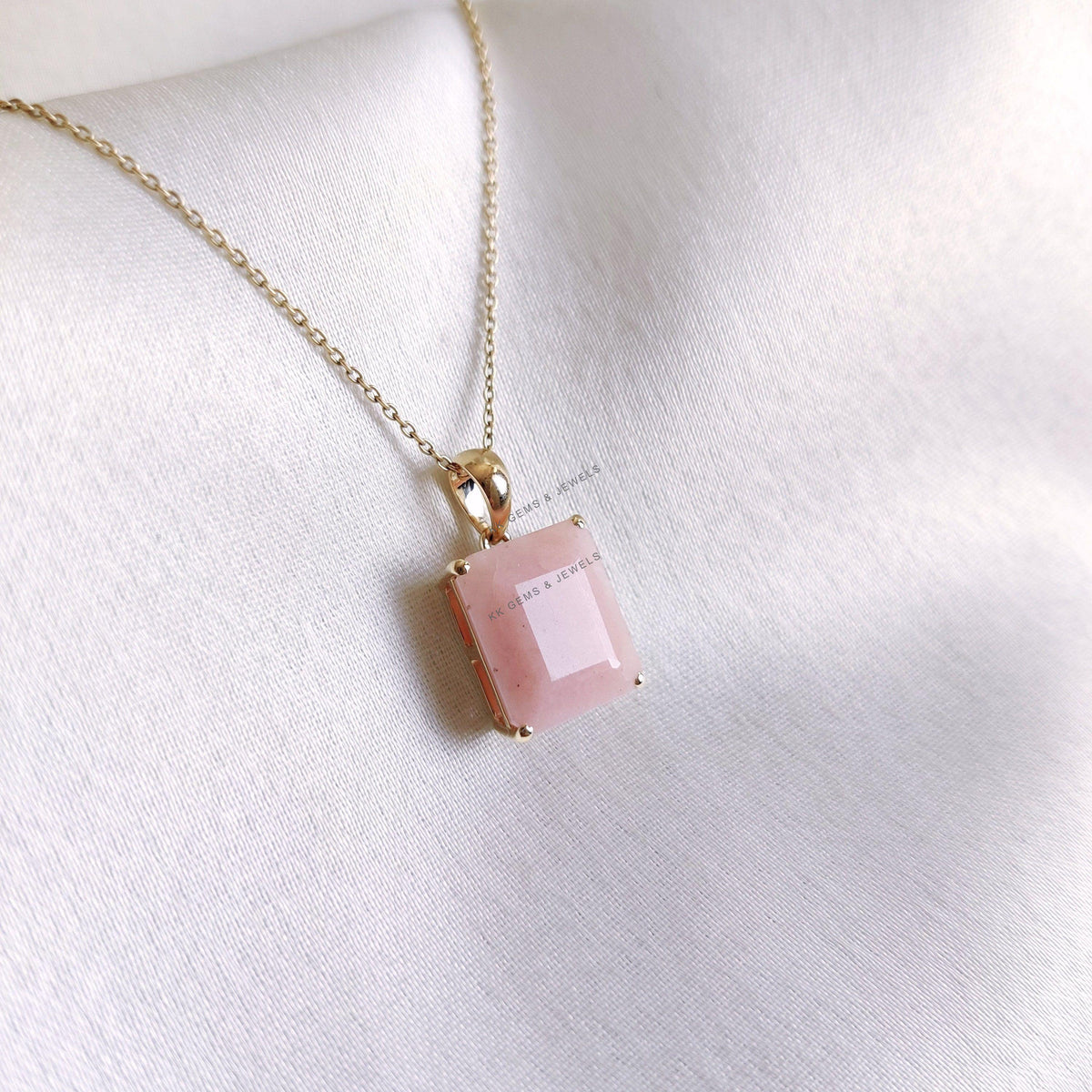 Emerald Cut Natural Pink Opal Pendant, 14K Solid Yellow Gold October Birthstone