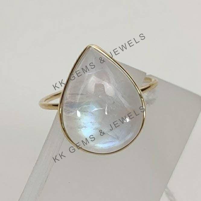 Pear Natural Rainbow Moonstone Ring, 14K Solid Yellow Gold Ring, June Birthstone