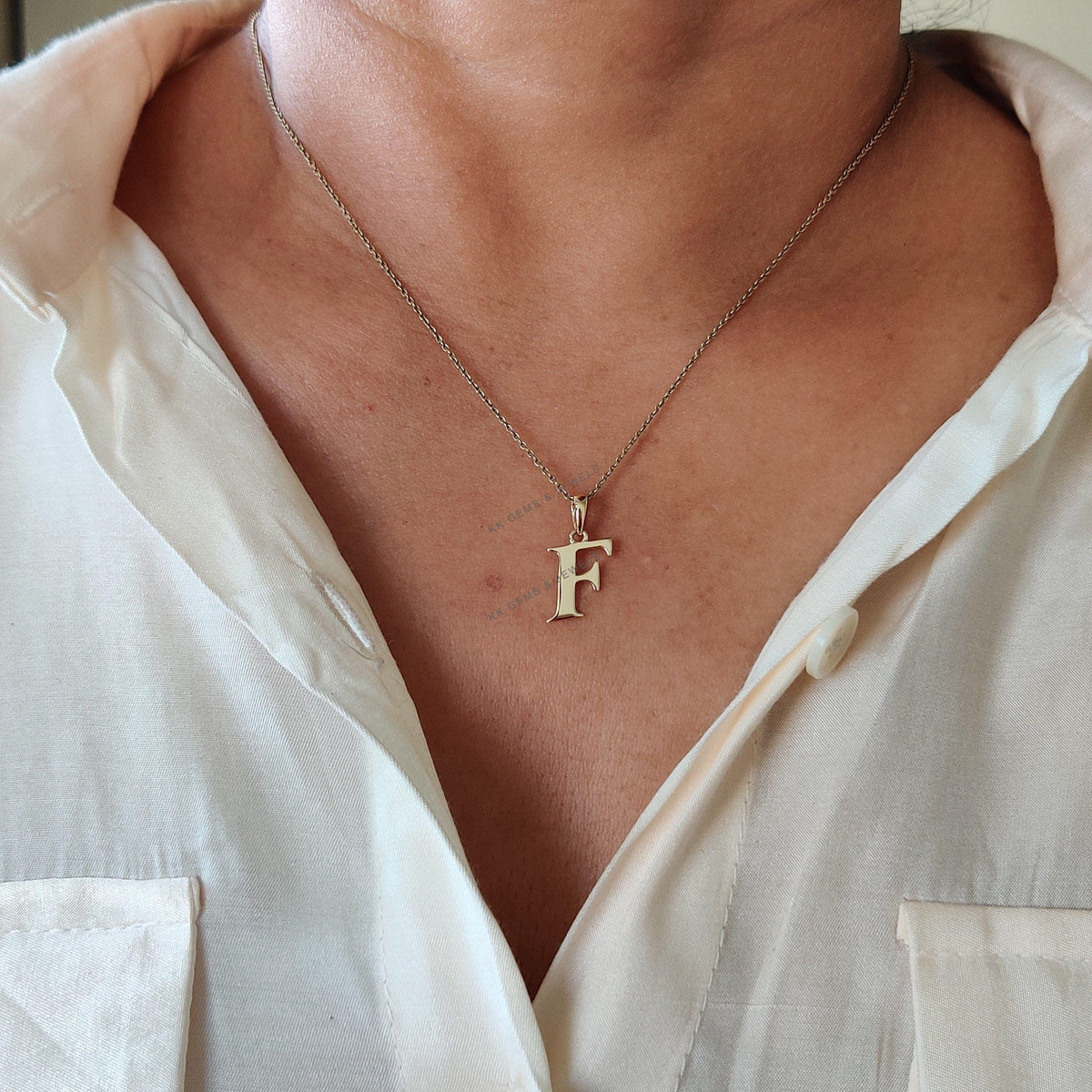 14K Solid Yellow Gold Initial F Pendant, Particular Letter Charm