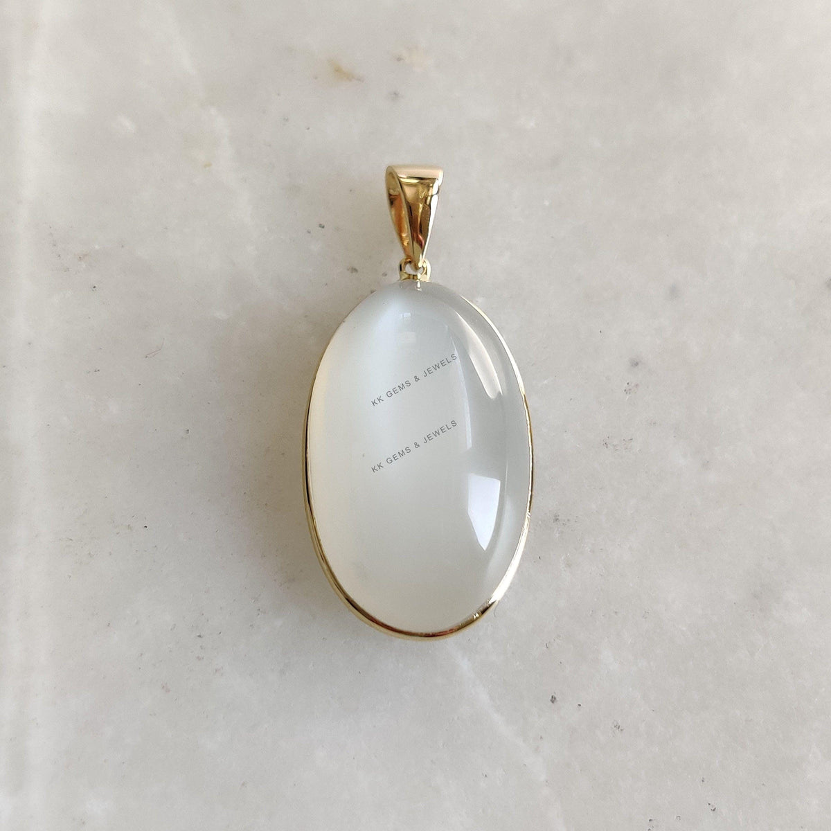 14K Solid Yellow Gold Natural White Moonstone Oval Pendant, June Birthstone
