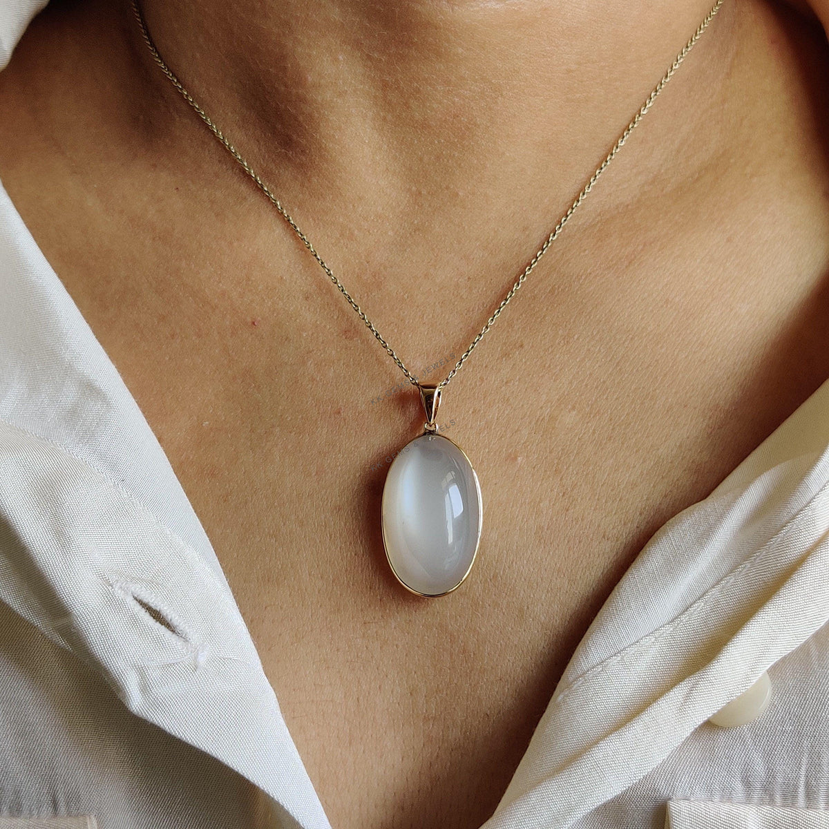 14K Solid Yellow Gold Natural White Moonstone Oval Pendant, June Birthstone