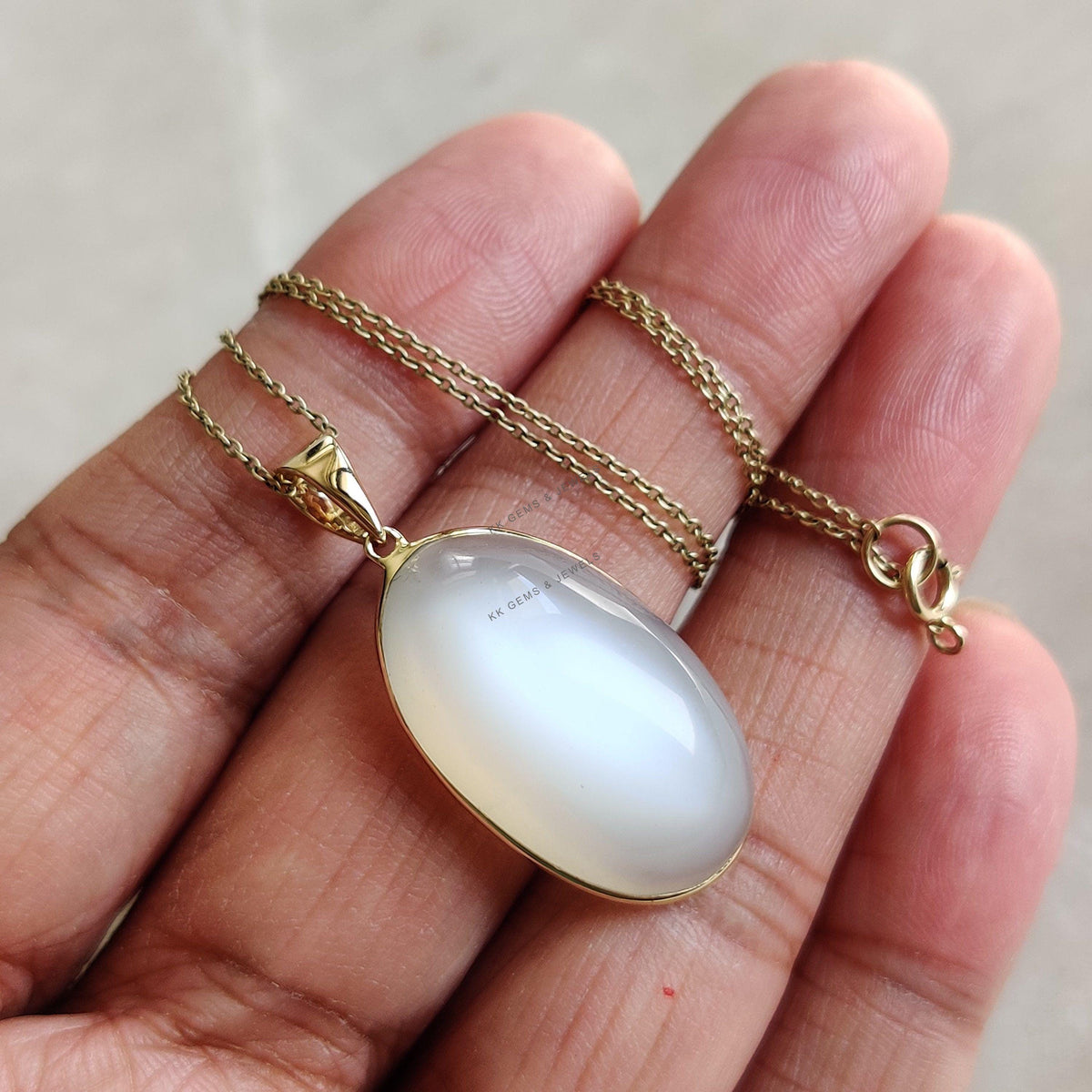 14K Solid Yellow Gold Natural White Moonstone Oval Pendant, June Birthstone