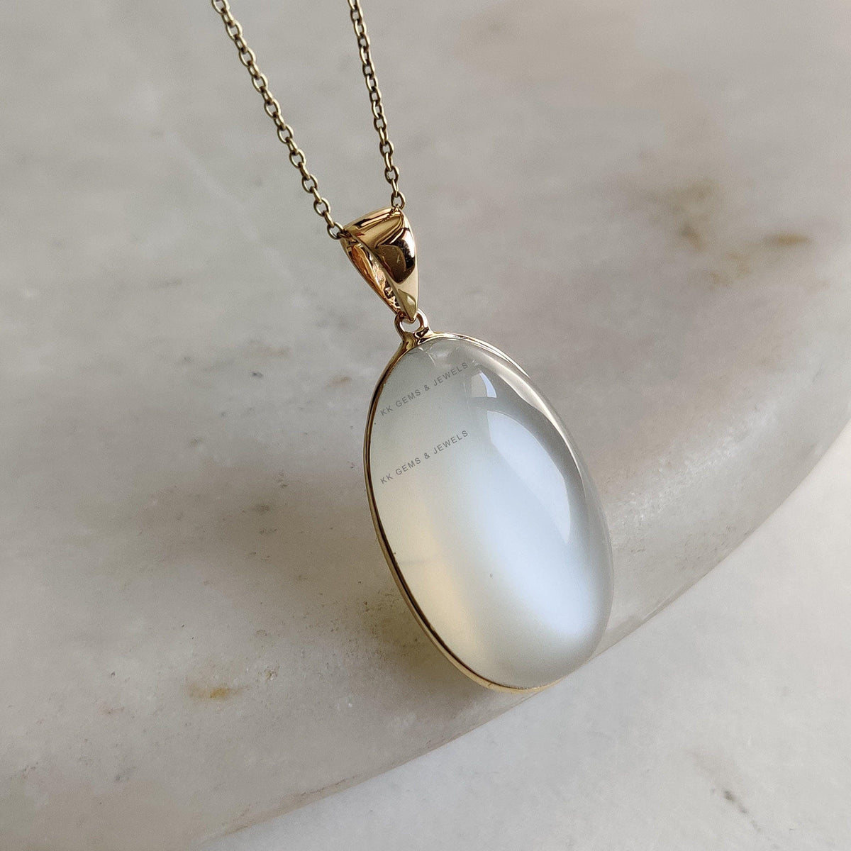 14K Solid Yellow Gold Natural White Moonstone Oval Pendant, June Birthstone
