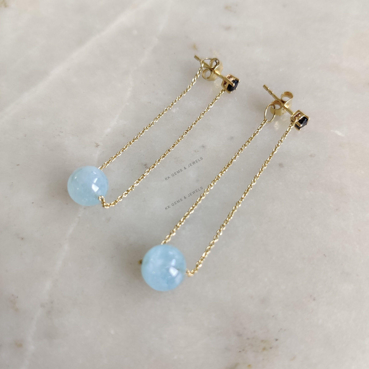 14K Solid Yellow Gold Natural Aquamarine & Blue Sapphire Chain Danglers , March Birthstone
