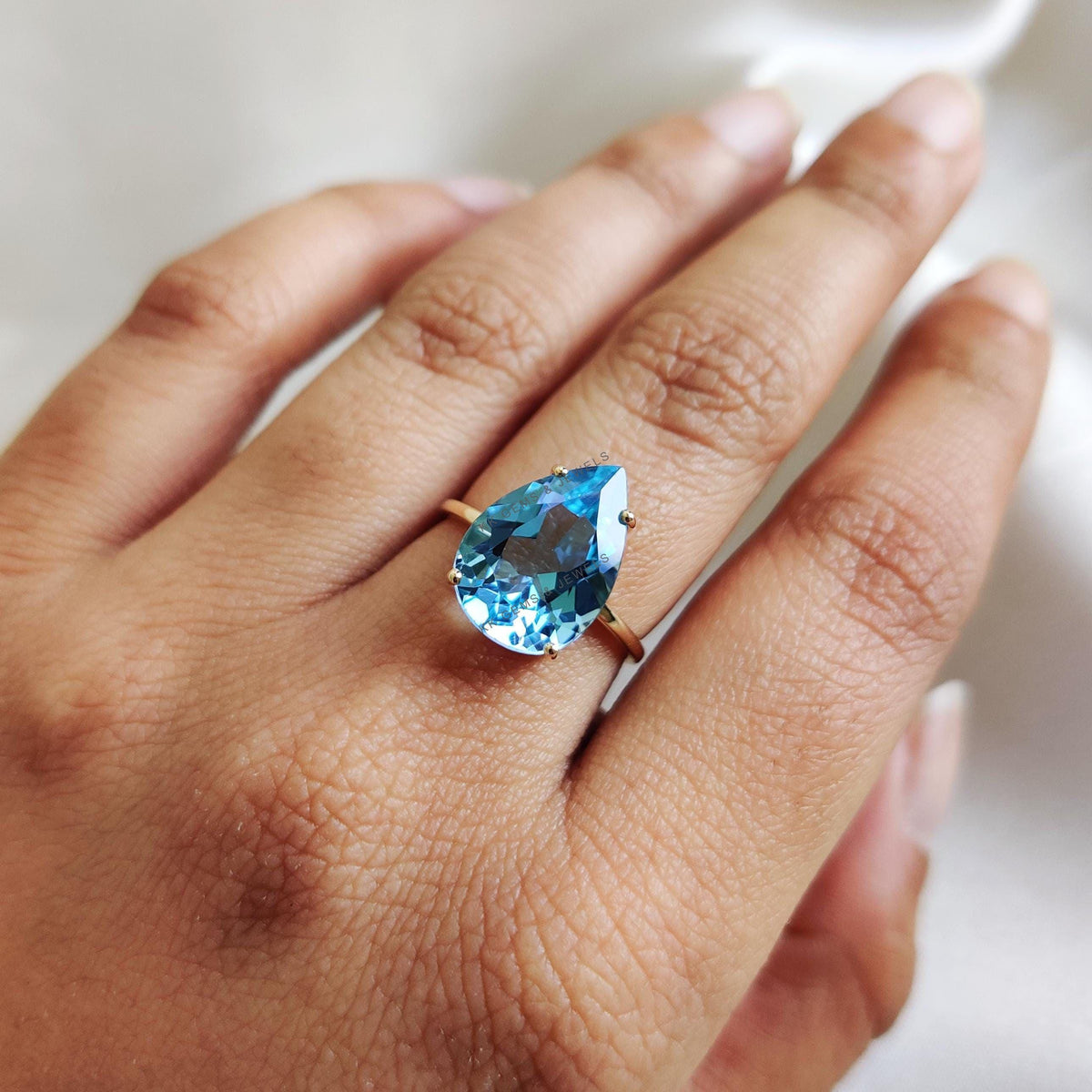 Pear Natural Sky Blue Topaz Ring: 14K Solid Yellow Gold, December Birthstone