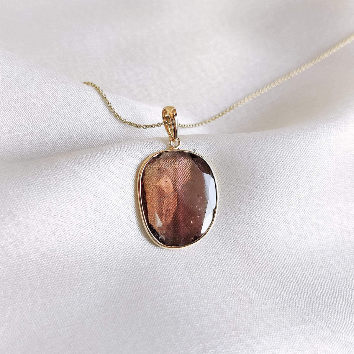 14K Solid Yellow Gold Natural Watermelon Tourmaline Pendant: October Birthstone