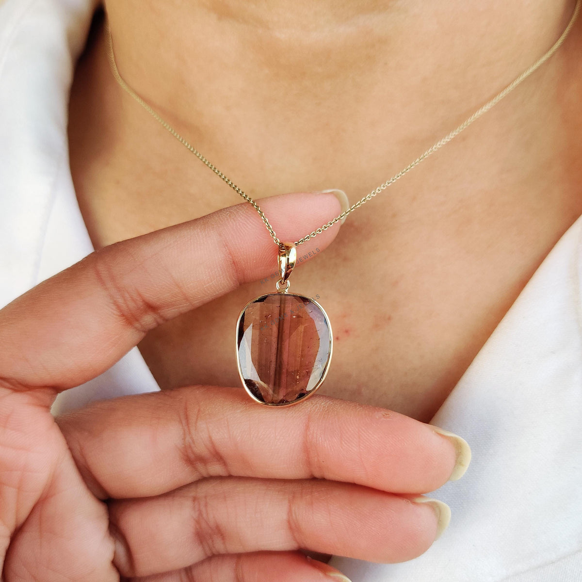 14K Solid Yellow Gold Natural Watermelon Tourmaline Pendant: October Birthstone