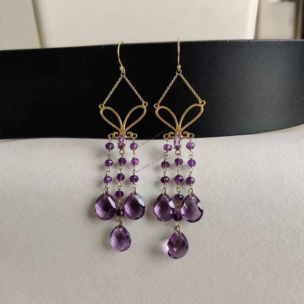 14K Solid Yellow Gold Natural Purple Amethyst Drop Earrings, February Birthstone