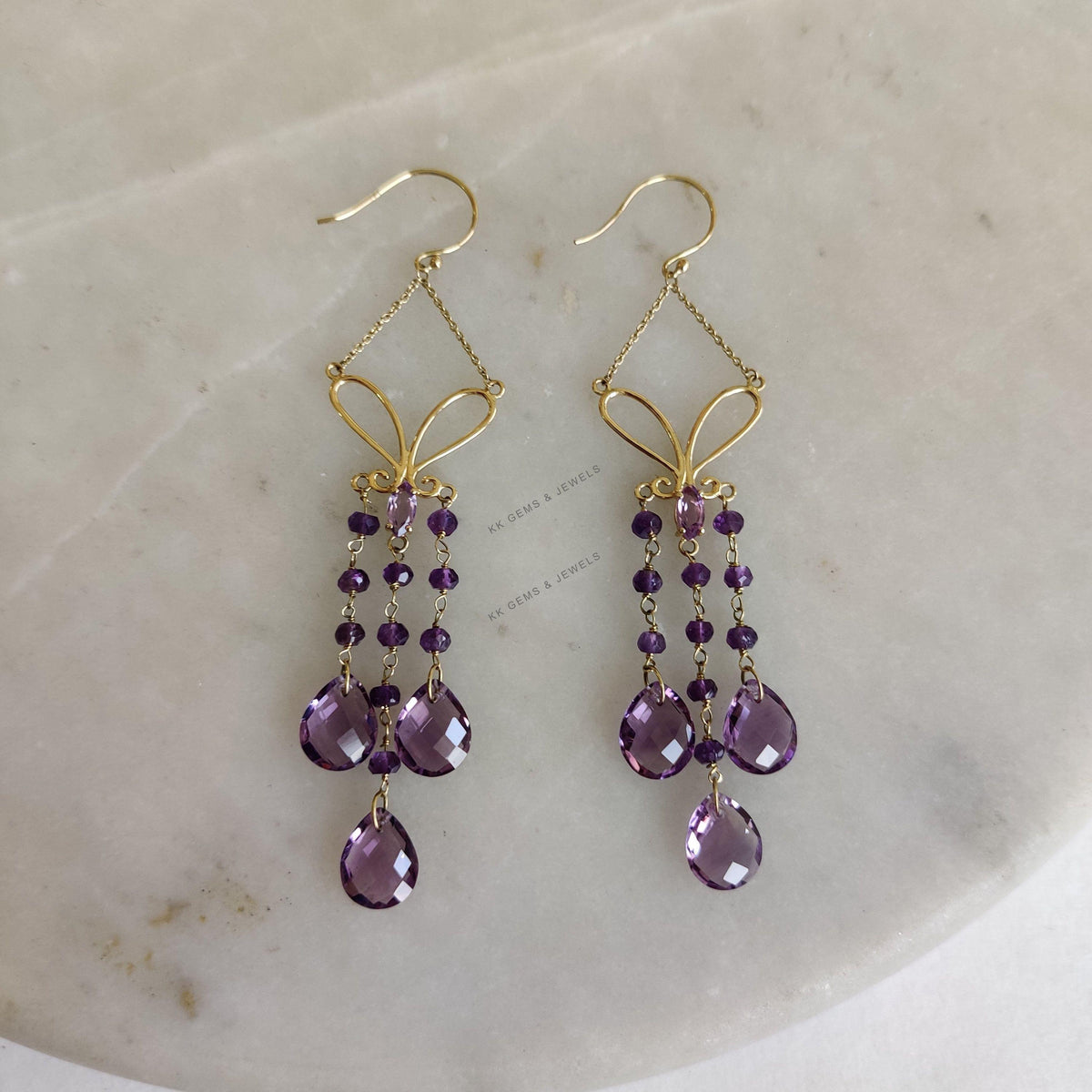 14K Solid Yellow Gold Natural Purple Amethyst Drop Earrings, February Birthstone