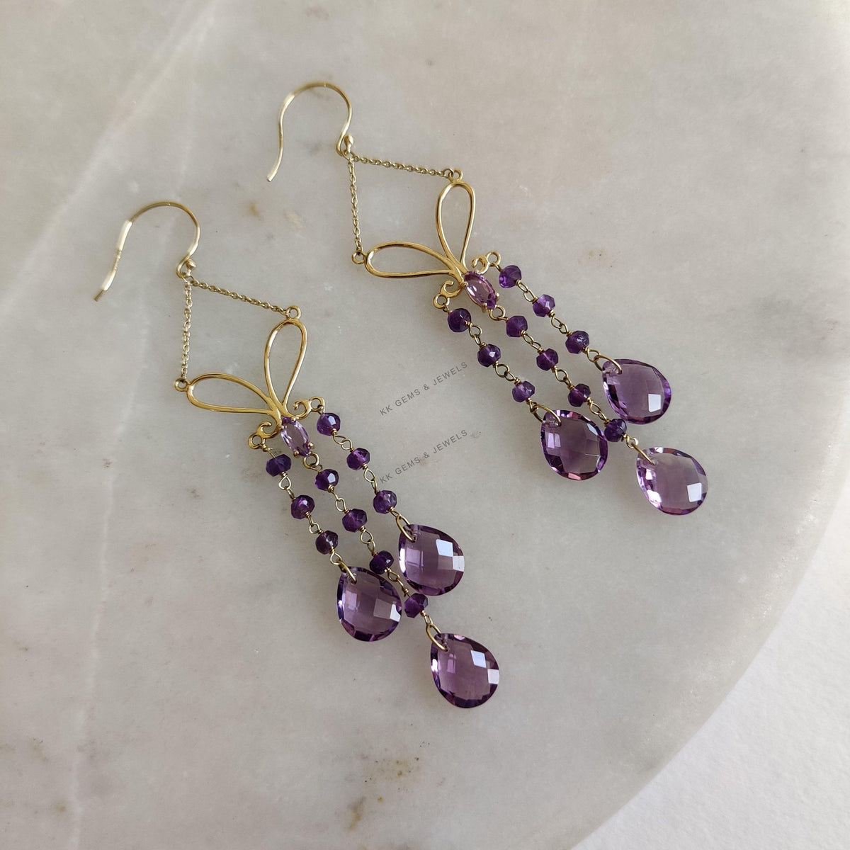 14K Solid Yellow Gold Natural Purple Amethyst Drop Earrings, February Birthstone